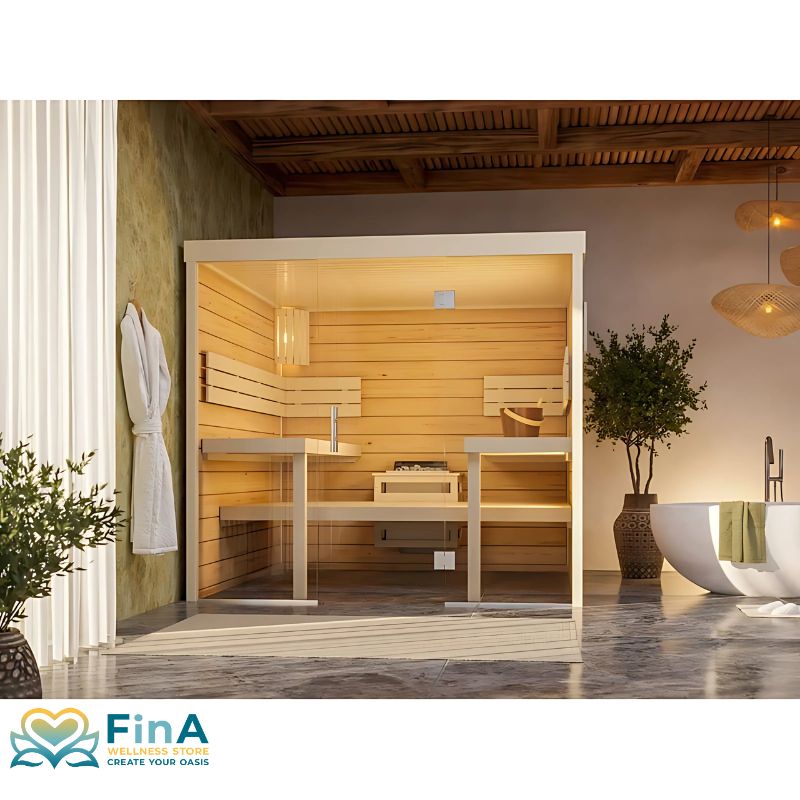Front view of the FinA Wellness Frieda Lux sauna with modern glass front and interior view with bench and heater