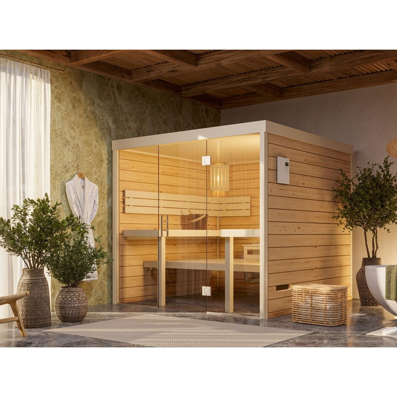 FinA Wellness Frieda Lux sauna with glass front in a modern living environment with large windows and views of nature