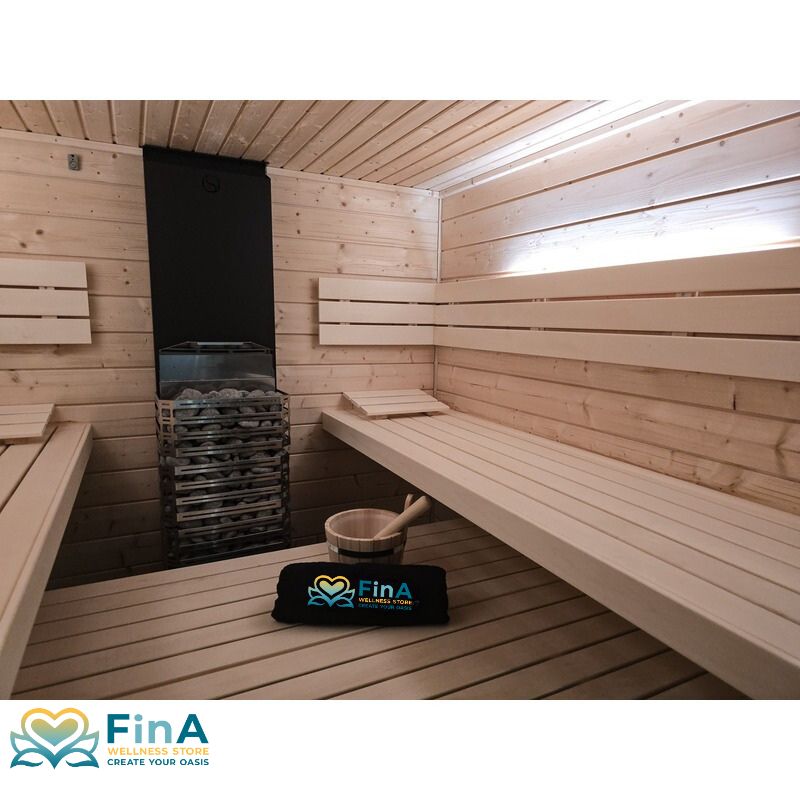 Top view of the FinA Wellness Frieda Lux sauna with glass front and light wood interior