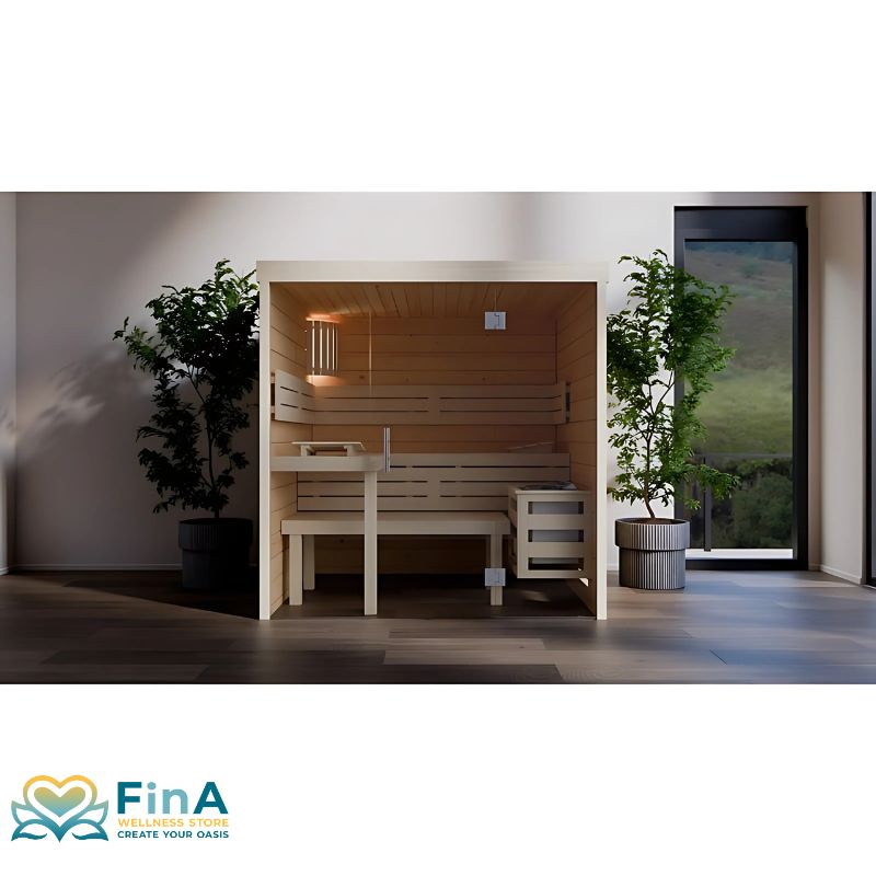 Front view of the FinA Wellness Frieda sauna with modern glass front and interior view with bench and heater