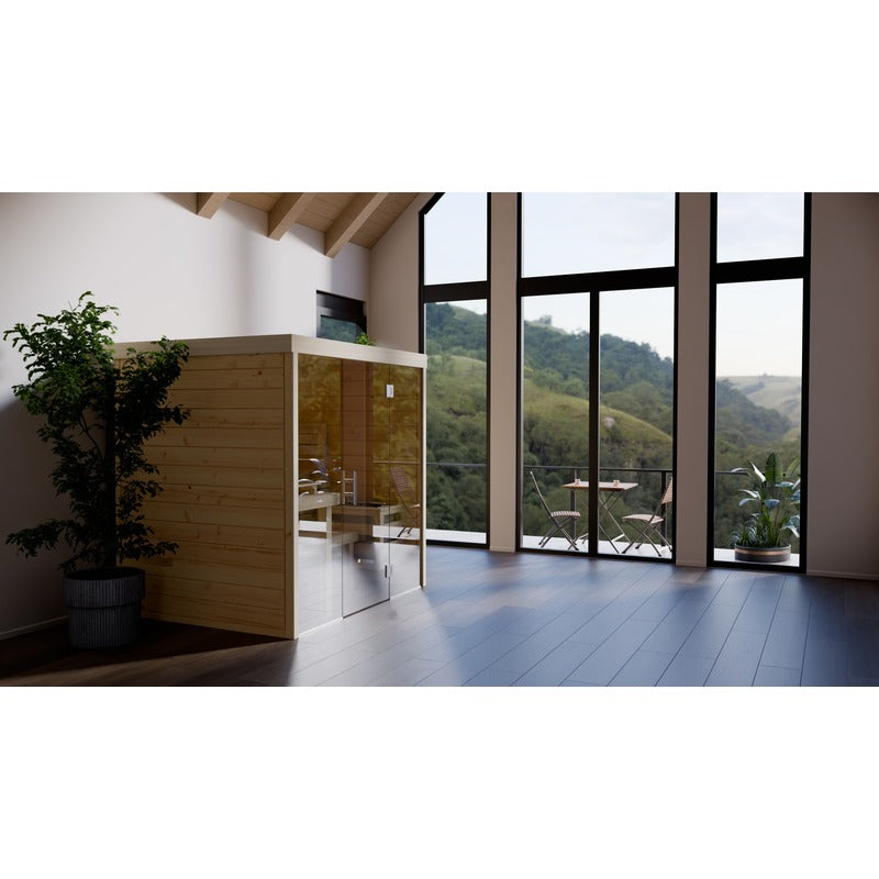 FinA Wellness Frieda sauna with glass front in modern living environment with large windows and view of nature