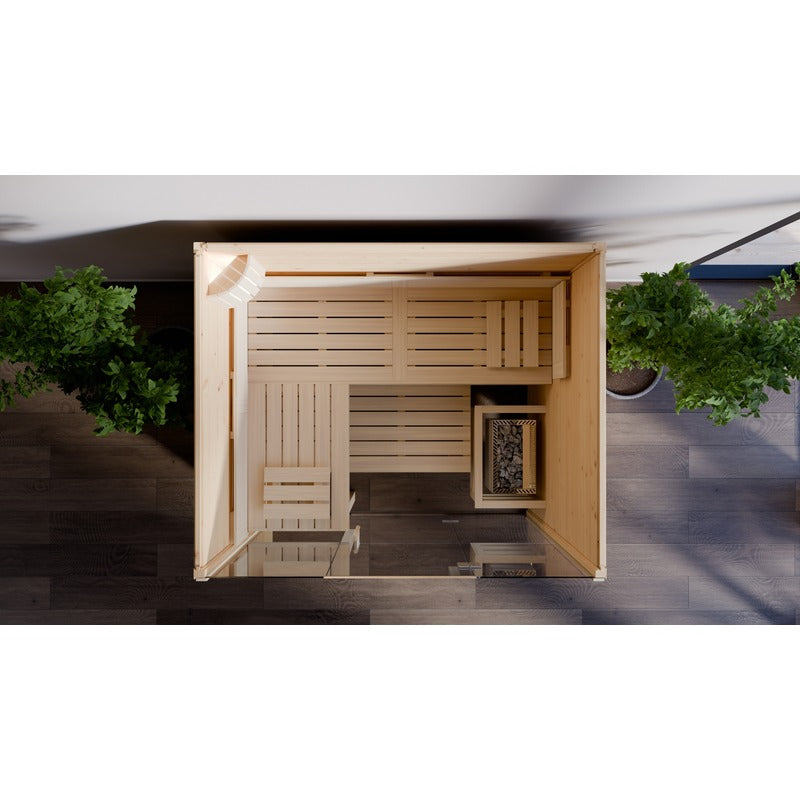 Top view of the FinA Wellness Frieda sauna with glass front and light wood interior